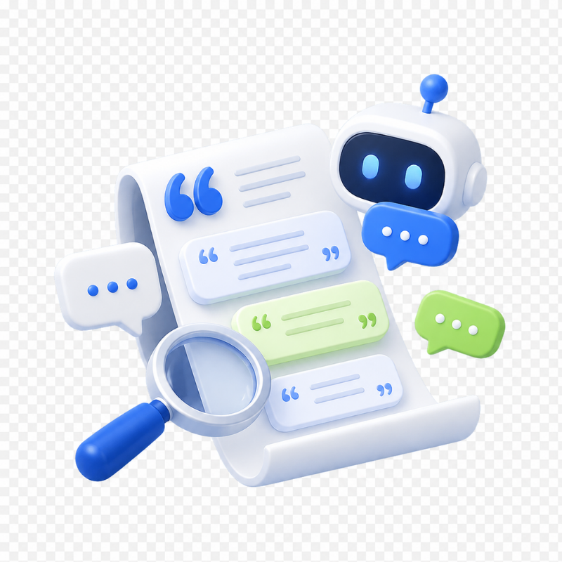 Quote bubbles and a chatbot reviewing AI replies