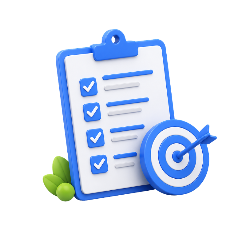 Clipboard checklist with target bullseye