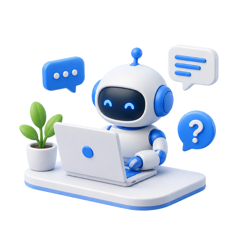 Friendly answer-bot at a laptop